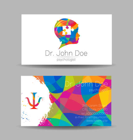 Psychology Vector Business Visit Card with Letter Psi Psy and Human Head in Profile. Modern logo Creative Colorful Rainbow style. Child Silhouette Design concept for Branding Identityのイラスト素材