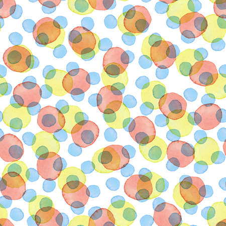 Hand Painted Brush Polka Dot Seamless Watercolor Pattern. Abstract watercolour Round Circles in Red Yellow Blue Color. Artistic Design for Fabric and Backgroundの写真素材