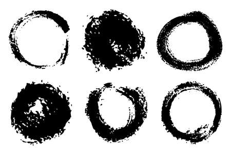 Vector Set of brush Circle Round Black color on white background. Hand painted grange elements. Ink drawing. Dirty artistic design . Place for text, quote, information, company name.のイラスト素材