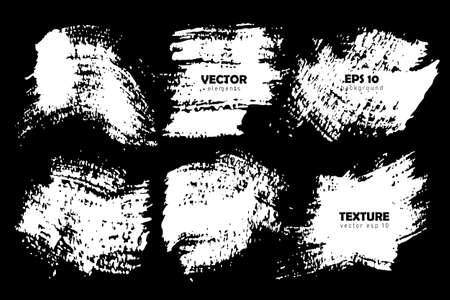 Set Brush Shape Vector Strokes White color isolated on Black background. Hand painted grange elements. Messy artistic design . Place for text, quoteのイラスト素材