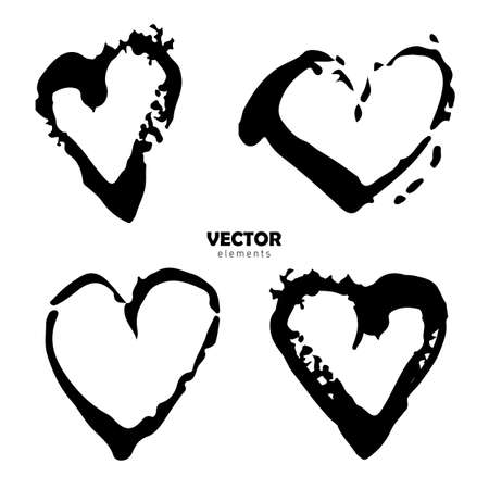 Vector Set of Brush Heart Love Black color on white background. Hand painted grange elements. Ink drawing. Dirty artistic design . Place for text, quote, information, company name.のイラスト素材