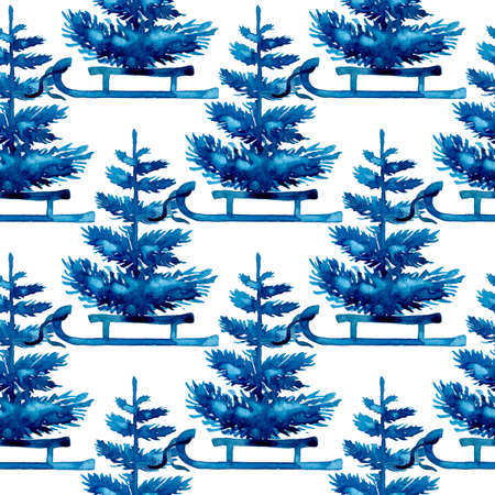 XMAS watercolor Pine Tree and Sleigh Seamless Pattern in Blue Color. Hand Painted fir tree background or wallpaper for Ornament, Wrapping or Christmas Giftの写真素材