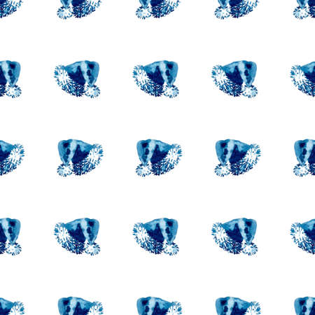 XMAS watercolor Santa Claus Hat Seamless Pattern in Blue Color. Hand PaintedCap Costume background or wallpaper for Ornament, Wrapping or Christmas Giftの写真素材