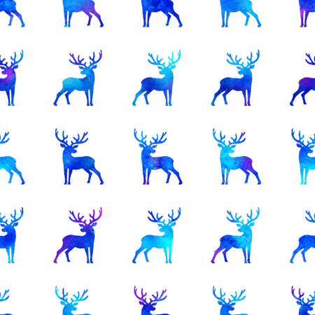 Reindeer XMAS watercolor Deer Stag eamless Pattern in Blue Color. Hand Painted Animal Moose background or wallpaper for Ornament, Wrapping or Christmas Giftの写真素材