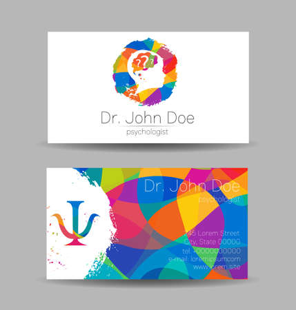 Psychology Vector Business Visit Card with Letter Psi Psy and Human Head in Profile. Modern logo Creative Colorful Rainbow style. Child Silhouette Design concept for Branding Identityのイラスト素材