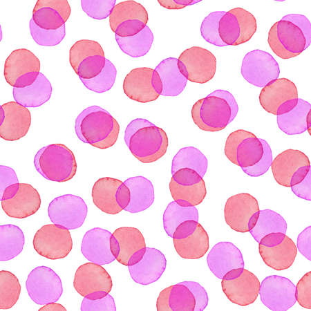Hand Painted Brush Polka Dot Girly Seamless Watercolor Pattern. Abstract watercolour Round Circles in Pink Color. Artistic Design for Fabric and Backgroundの写真素材