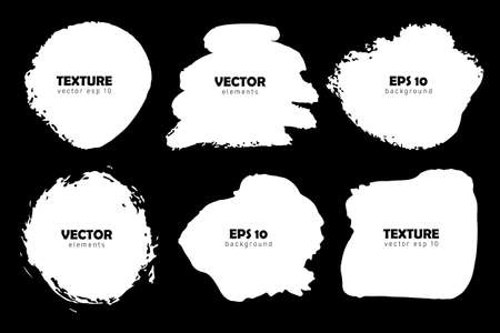 Set Brush Shape Vector Strokes White color isolated on Black background. Hand painted grange elements. Messy artistic design . Place for text, quoteのイラスト素材