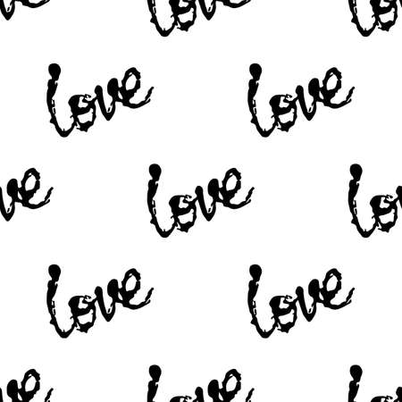 Love Vector Brush Heart Seamless Pattern Word Love Grange Minimalist Design in Black Color. Modern Grung Collage Background for kids fabric and textileのイラスト素材