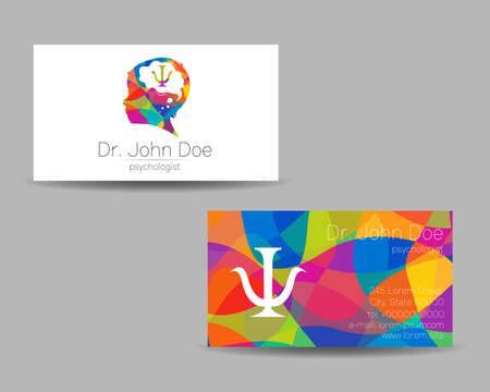 Psychology Vector Business Visit Card with Letter Psi Psy and Human Head in Profile. Modern logo Creative Colorful Rainbow style. Child Silhouette Design concept for Branding Identityのイラスト素材