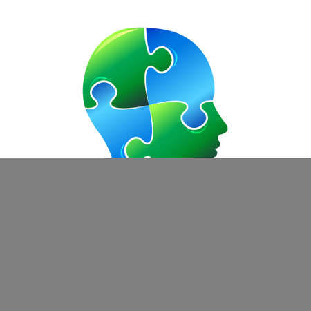Modern head sign of Psychology. Puzzle. Profile Human. Creative style. Symbol in . Design concept. Brand company. Blue green color isolated on white background. Icon for web, printの写真素材