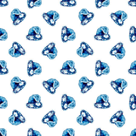 XMAS watercolor Santa Claus Hat Seamless Pattern in Blue Color. Hand PaintedCap Costume background or wallpaper for Ornament, Wrapping or Christmas Giftの写真素材