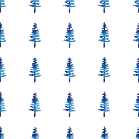 XMAS watercolor Fir Tree Seamless Pattern in Blue Color. Hand Painted Spruce Pine tree background or wallpaper for Ornament, Wrapping or Christmas Decorationの写真素材