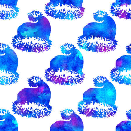 XMAS watercolor Santa Claus Hat Seamless Pattern in Blue Color. Hand PaintedCap Costume background or wallpaper for Ornament, Wrapping or Christmas Giftの写真素材