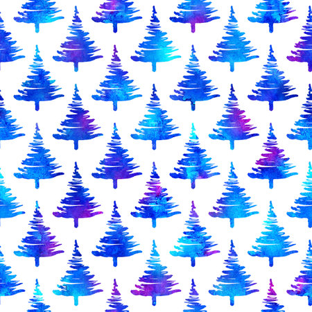 XMAS watercolour Fir Tree Seamless Pattern in Blue Color on white background. Hand-Painted Watercolor Spruce Pine tree wallpaper for Ornament, Wrapping or Christmas Decorationの写真素材