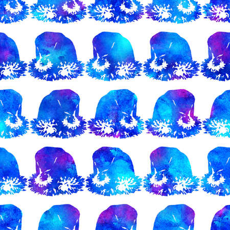 XMAS watercolor Santa Claus Hat Seamless Pattern in Blue Color. Hand PaintedCap Costume background or wallpaper for Ornament, Wrapping or Christmas Giftの写真素材