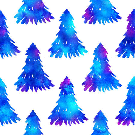 XMAS watercolour Fir Tree Seamless Pattern in Blue Color on white background. Hand-Painted Watercolor Spruce Pine tree wallpaper for Ornament, Wrapping or Christmas Decorationの写真素材