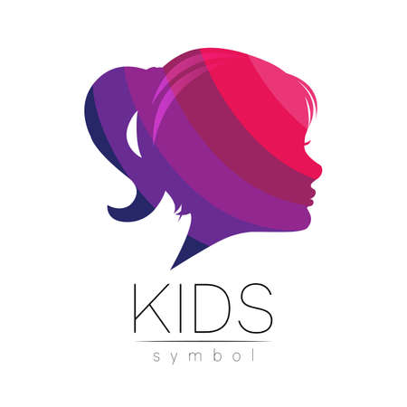 Child Girl Vector logotype in violet Color. Silhouette profile human head. Concept logo for people, children, autism, kids, therapy, clinic, education. Template symbol designのイラスト素材
