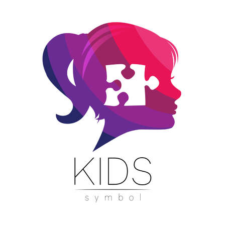 Modern Vector logotype Girl head with Puzzle inside brain in Violet Pink Color . Logo sign of Psychology. Profile Human. Creative style. Symbol in vector. Design concept.のイラスト素材