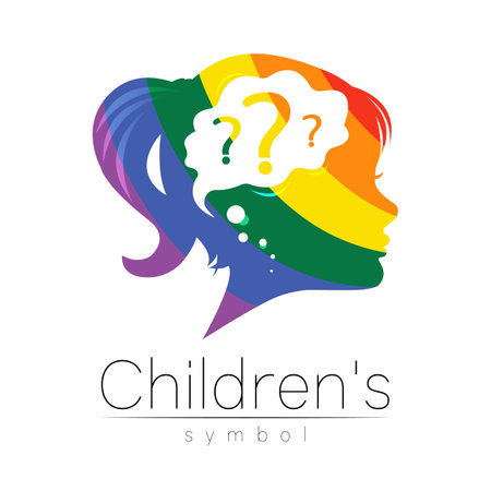 Modern logotype Kid Girl head with question inside brain . Logo Child sign of Psychology. Profile Human. Creative style. Symbol in vector. Design concept. Rainbow color isolated on whiteのイラスト素材