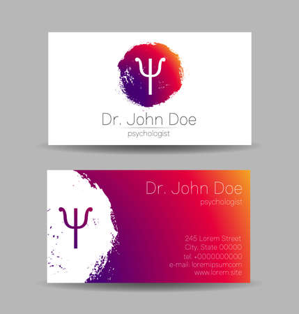 Psychology Vector Business Visit Card with Letter Psi Psy in Violet Bright Color. Modern logo Creative style. Human Head Profile Silhouette Design concept. Branding companyのイラスト素材