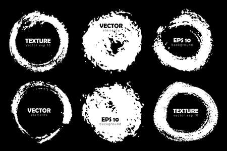 Grunge Set Brush Circle Shape Vector Round Strokes White color Isolated on Black background. Hand painted grange elements. Ink drawing. Messy design Place for text and quoteのイラスト素材