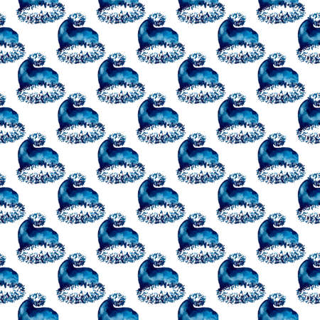 XMAS watercolor Santa Claus Hat Seamless Pattern in Blue Color. Hand PaintedCap Costume background or wallpaper for Ornament, Wrapping or Christmas Giftの写真素材