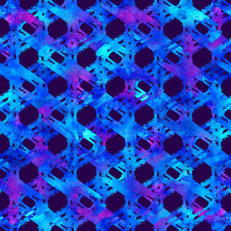 Brush Stroke Plaid Geometric Grung Pattern Seamless in Blue Color Check Background. Gunge Collage Watercolor Texture for Teen and School Kids Fabric Prints Grange Design with linesの写真素材