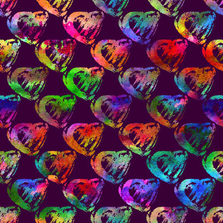 Brush Stroke Heart Love Geometric Grung Pattern Seamless in Rainbow Color Background. Gunge Collage Watercolor Texture for Teen and School Kids Fabric Prints Grange Designの写真素材