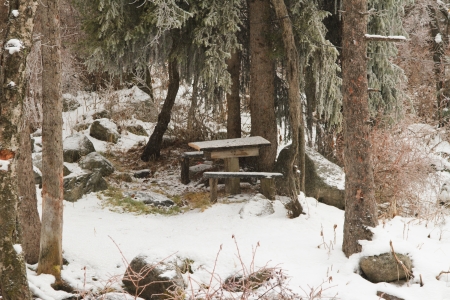 Beautiful winter with a  picnic table and benches in the snow in Kazakhstan, Almaty  more photos from this series in my portfolio の写真素材
