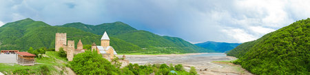 panorama of Ananuri church and stronghold, caucasus mountains,near Tbilisi, Georgia 