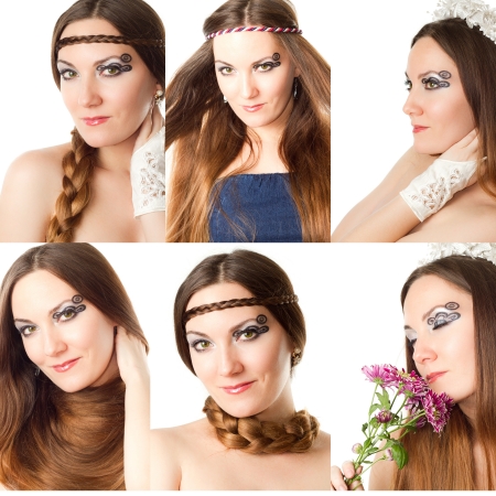 Collage  Beautiful young women with stylish creative makeup and body art on white background  Makeup, fashion, beauty の写真素材