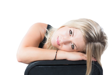 portrait of a close-up beautiful  woman with blondy hair on an isolated white backgroundの写真素材