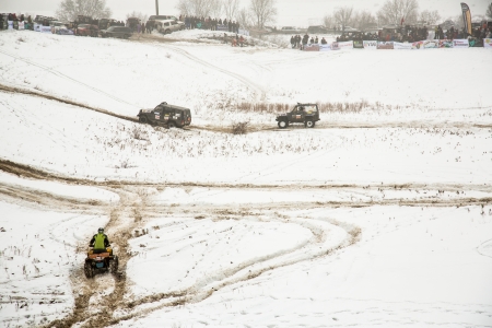 Almaty, Kazakhstan - February 21, 2013  Off-road racing on jeeps, Car competition,  ATV  Traditional race  Kaskelen gullies  Cup  the Republic of Kazakhstan trophy-raidのeditorial素材