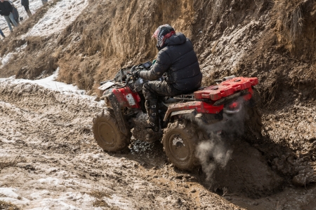Almaty, Kazakhstan - February 21, 2013  Off-road racing on jeeps, Car competition,  ATV  Traditional race  Kaskelen gullies  Cup  the Republic of Kazakhstan trophy-raidのeditorial素材