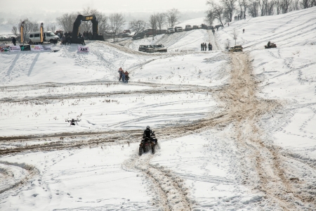 Almaty, Kazakhstan - February 21, 2013. Off-road racing on jeeps, Car competition,  ATV. Traditional race "Kaskelen gullies" Cup  the Republic of Kazakhstan trophy-raidのeditorial素材