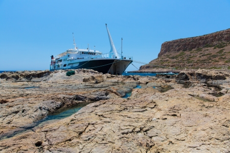 Balos beach and  Passenger Ship. View from Gramvousa Island, Crete in Greece.Magical turquoise waters, lagoons, beaches of pure white sand.の写真素材