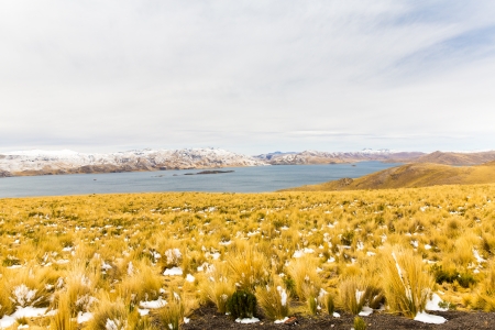 Road Cusco- Puno,Lake Titicaca, Peru,South America. Sacred Valley of the Incas. Spectacular  nature of snowy  mountains and blue skyの写真素材