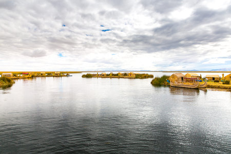 Traditional reed boat lake Titicaca,Peru,Puno,Uros,South America,Floating  Islands,natural layer...