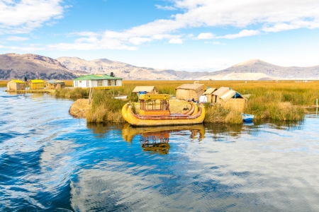 Traditional reed boat lake Titicaca,Peru,Puno,Uros,South America,Floating  Islands,natural layer about one to two meters thick that support islandsの写真素材