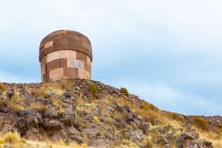Funerary towers in Sillustani, Peru,South America- Inca prehistoric ruins near Puno,Titicaca lake area.の写真素材