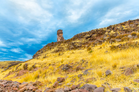 Funerary towers in Sillustani, Peru,South America- Inca prehistoric ruins near Puno,Titicaca lake area.の写真素材