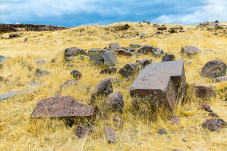 Funerary towers and ruins in Sillustani, Peru,South America- Inca prehistoric ruins near Puno,Titicaca lake area.の写真素材