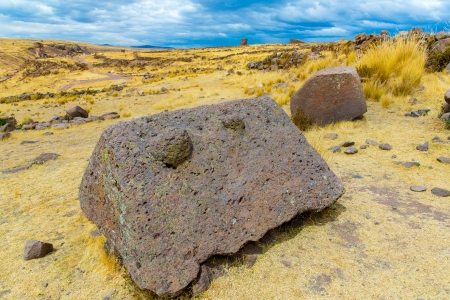 Funerary towers and ruins in Sillustani, Peru,South America- Inca prehistoric ruins near Puno,Titicaca lake area.の写真素材