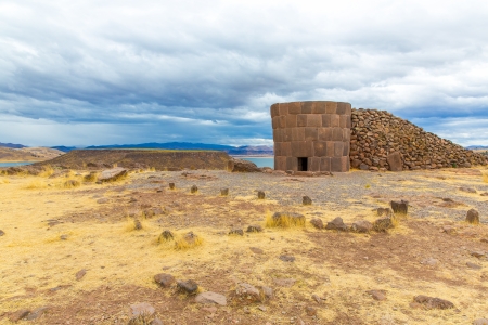 Funerary towers in Sillustani, Peru,South America- Inca prehistoric ruins near Puno,Titicaca lake area.の写真素材