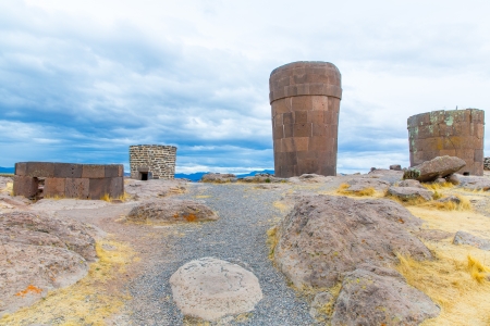 Funerary towers in Sillustani, Peru,South America- Inca prehistoric ruins near Puno,Titicaca lake area.の写真素材