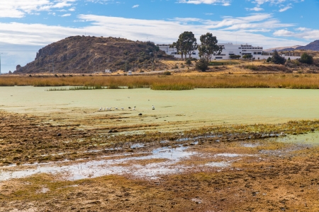 Lake Titicaca,South America, located on border of Peru and Bolivia  It sits 3,812 m above sea level, making it one of the highest commercially navigable lakes in the worldの写真素材
