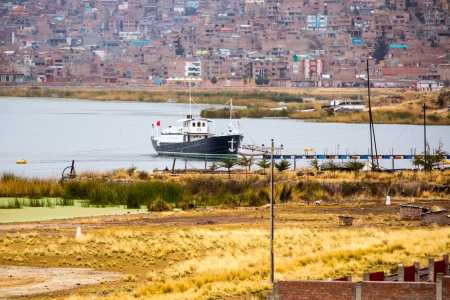 Lake Titicaca,South America, located on border of Peru and Bolivia  It sits 3,812 m above sea level, making it one of the highest commercially navigable lakes in the world のeditorial素材