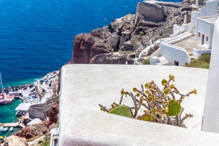 View of Fira town - Santorini island,Crete,Greece. White concrete staircases leading down to beautiful bay with clear blue sky and seaの写真素材