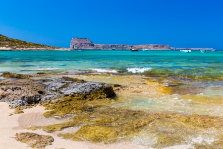 Balos beach. View from Gramvousa Island, Crete in Greece.Magical turquoise waters, lagoons, beaches of pure white sand.の写真素材