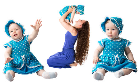 Collage of happy mom and child girl hugging isolate on white background  The concept of childhood and family  Beautiful Mother and her babyの写真素材